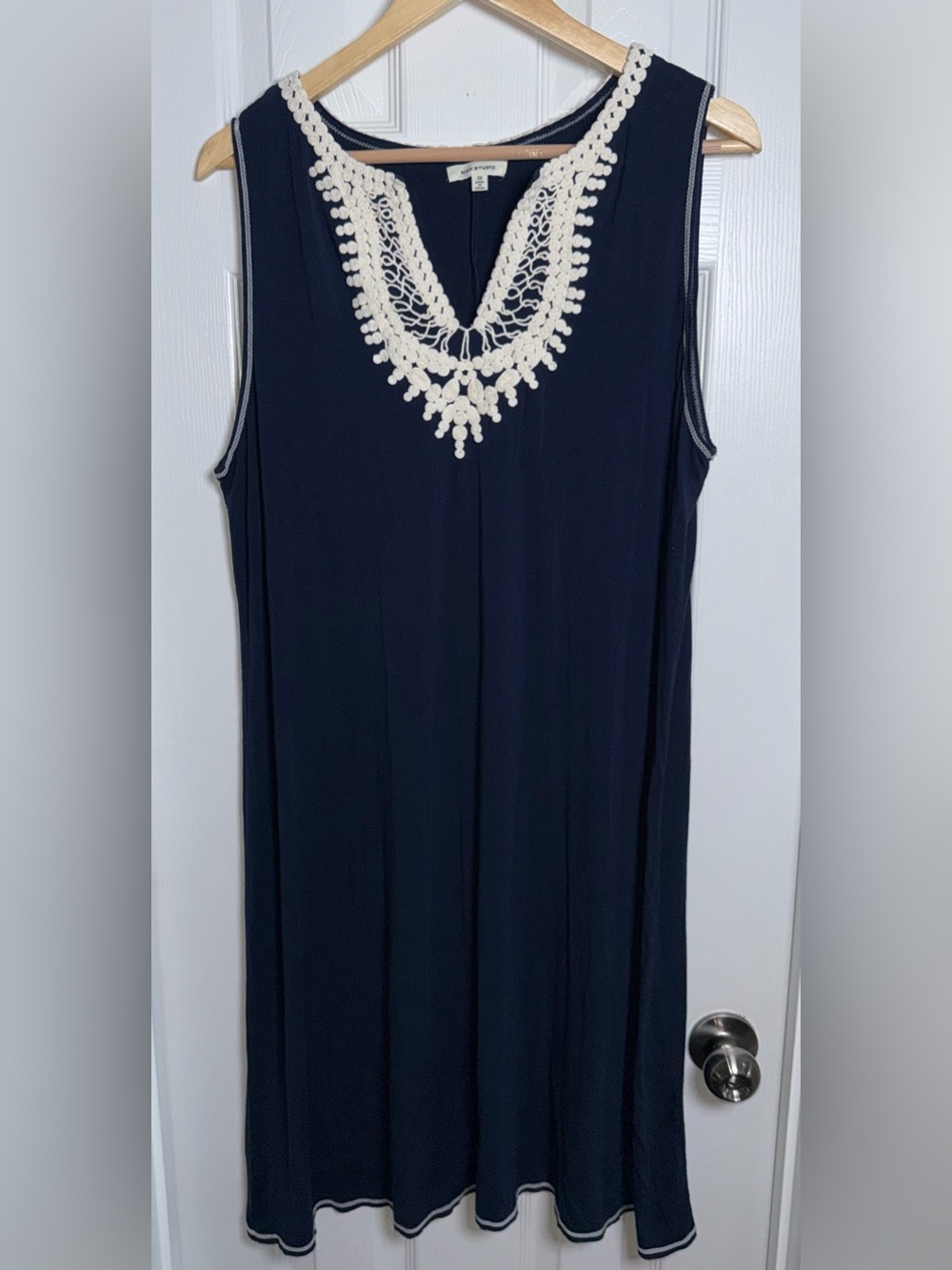 Max Studio Sleeveless Cream Crochet Vneck Midi Dress 1X Navy Summer Euro Comfy